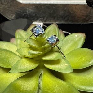 1CT Dust Blue Floating Prong Elegant Silver Stud Earrings